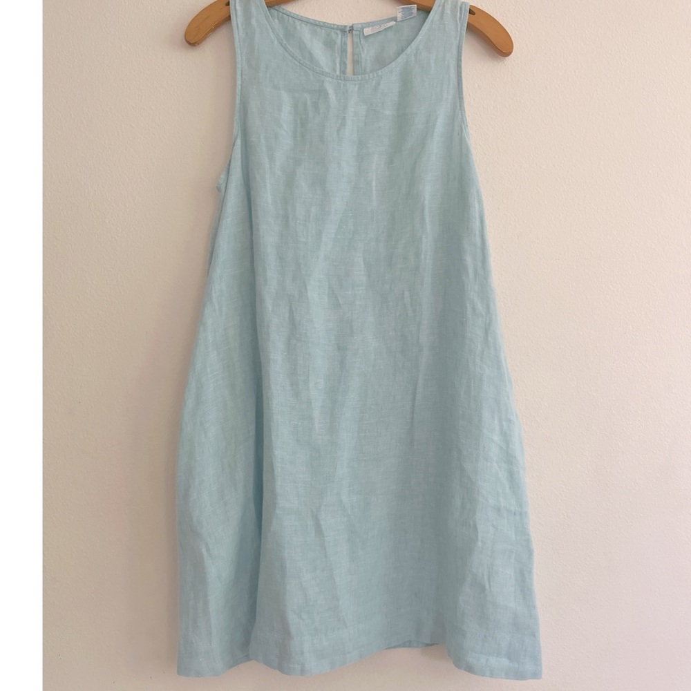 Sigrid Olsen Linen Shift Dress Size S Light Blue Pockets Midi Coastal Beachy